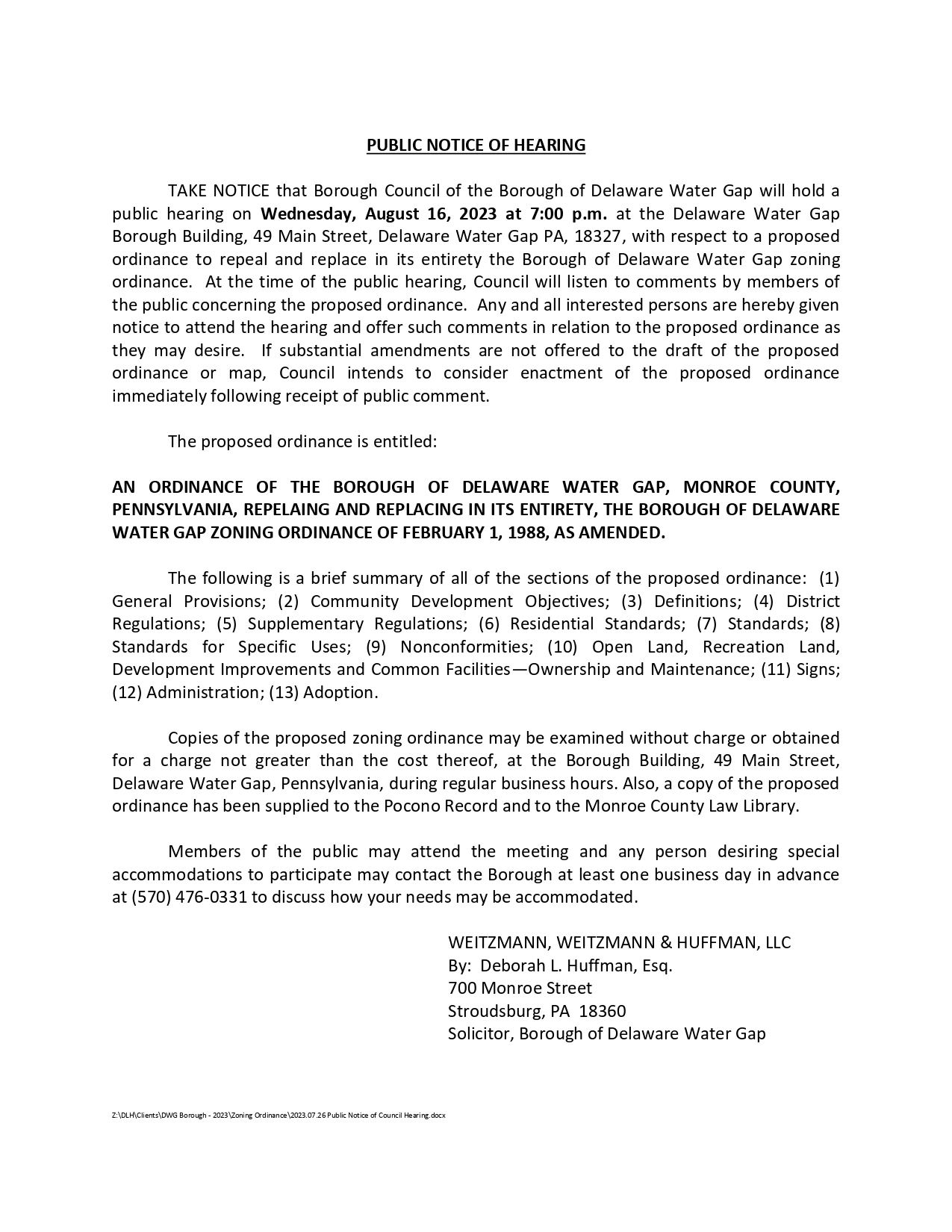 Public Notice Of Hearing - Borough Of Delaware Water Gap